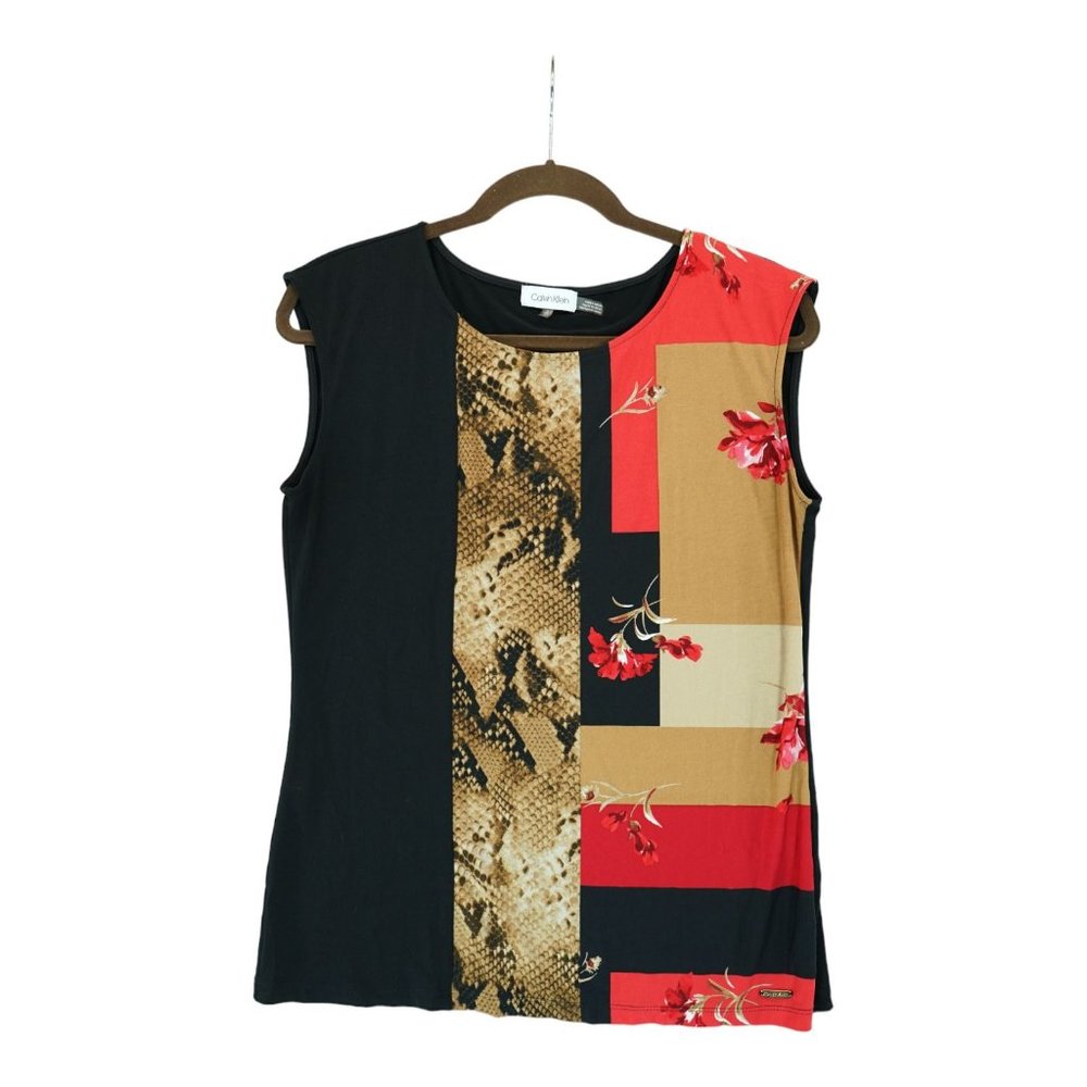 Calvin Klein Top Womens Small Animal Skin Floral Sleeveless 100% Polyester